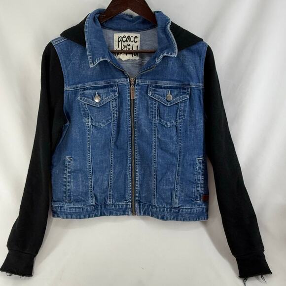 Peace Love World Denim Hoodie Jacket Women’s Small Blue Black Embroidered Retro - Picture 1 of 7